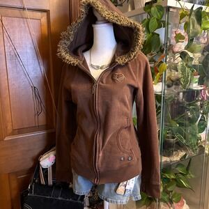 Y2K Grunge Fox Riders Brown Faux Fur Trimmed Zip Up Hoodie Jacket Women's Size L